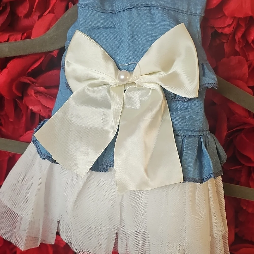Stylish Blue and White Dog Jean Ruffle Dress Size Xsmall
